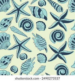 Beach shells seamless pattern. Vector background in blue color. Summer pattern for wrapping paper, wallpaper, notebook cover.