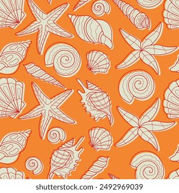 Beach shells seamless pattern. Vector background in vibrant colors. Summer pattern for wrapping paper, wallpaper, notebook cover.