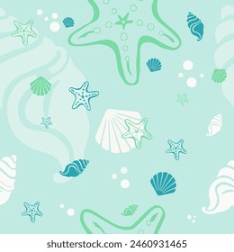 Beach shells and stars seamless pattern. Summer holidays background.
