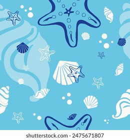 Beach shells and stars seamless pattern. Summer holidays background.