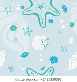 Beach shells and stars seamless pattern. Summer holidays background.