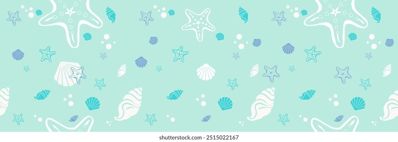 Beach shells and stars seamless pattern. Summer holidays background.