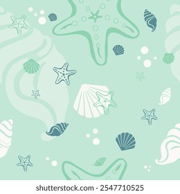 Beach shells and stars seamless pattern. Summer background.