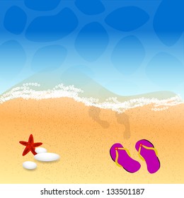 beach with beach shoes and footstep to the sea