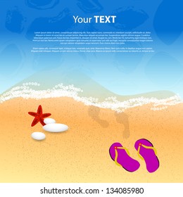 beach with beach shoes and footstep to the sea