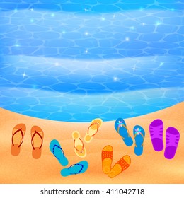 Beach shoes on the beach. Vector sunny beach with shoes. Illustration of beach Flip-flops on the sand, the beach and the waves. Summer travel concept. Design element. Stock vector