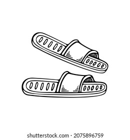 Beach shoes, slates, rubber slippers. Piece of clothing. Summer time beach holiday. Vacation at sea. Hand drawn thin line art vector illustration. Isolated simple doodle element.