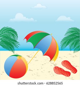 Beach shoes umbrella ball branches palms sea shore sky clouds abstract illustration art creative modern vector. Tourist Poster