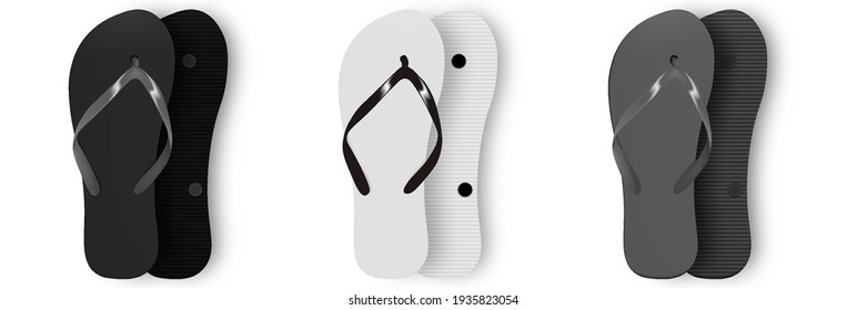 Beach shoes Vector Realistic 3d blank mockup Flip Flop set closeup Isolated on White Background.