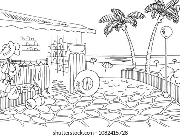 Beach shop graphic black white city landscape sketch illustration vector