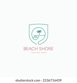 Beach shore with coconut tree and shield minimal line art monoline style logo design vector illustration