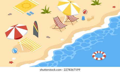 Beach shore concept. Sea or ocean coast with umbrella, surfboard and chairs. Summer holiday and vacation. Resort and paradise, hot weather. Cartoon isometric vector illustration