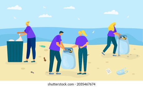 Costa de la playa con basura, ilustración vectorial. Los personajes de la gente recolectan desechos cerca del océano, limpiando la naturaleza de la basura plástica juntos.