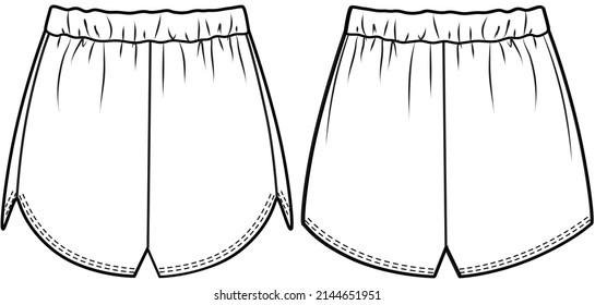 Beach shorts, Boardshorts fashion flat sketch vector illustration template. CAD mockup.