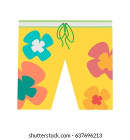 Beach shorts with flower vector. Flat style. Summer clothes. Illustration for fashion concepts, infographic, icons or web design. Man sweaming sportswear. Isolated on white background