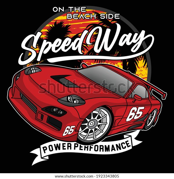 beach side racing, vector cars typography illustration graphic design for print