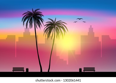 Beach side and tropical palm trees with city sunset landscape background, vector, illustration, eps 10 file