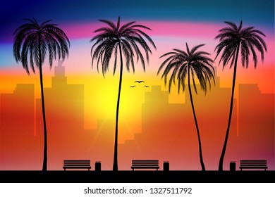 Beach side and tropical palm trees with city sunset landscape background, vector, illustration, eps 10 file