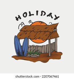 Beach Side Vacation Cottage Vintage Illustration Design For T Shirt Design