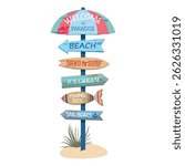 A beach sign with arrows and inscriptions - ice cream, fishing pier, sand and surf, fishing dock, sail boats. Marine coastal wooden pointer with arrows. Hand draw no ai.