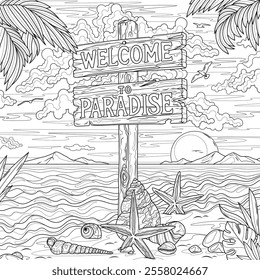 Beach sign by the sea.Welcome to paradise .Coloring book antistress for children and adults. Illustration isolated on white background.Zen-tangle style. Hand draw