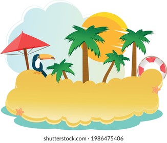 Beach sign with palm trees, bird and sun, suitable for signage and logo. Vector illustration