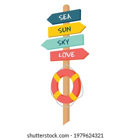 A beach sign with signs: sky, sea, sun, love and a lifebuoy. Vector, white background, isolated.