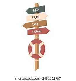 A beach sign with signs: sky, sea, sun, love and a lifebuoy. Illustrated vector clipart.