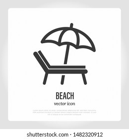 Beach sign: sunbed and umbrella. Thin line icon. Vector illustration for hotel.