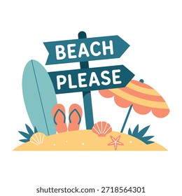 Strandschild mit Surfbrett Flip Flops und Sonnenschirm auf Sand