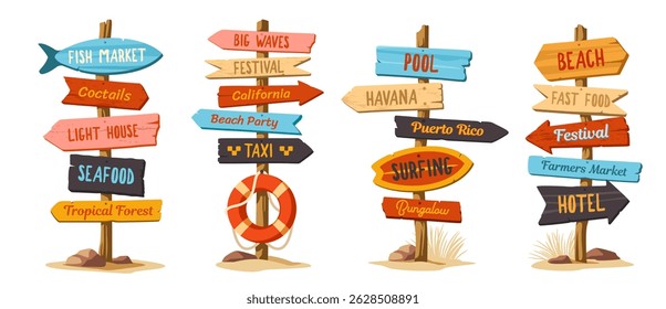 Beach signpost set. Pillars with wooden beach pointer with arrows and lettering. Direction indicators. Signs with inscription hotel, cafe and pool. Cartoon vector illustration isolated on background