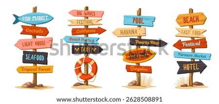 Beach signpost set. Pillars with wooden beach pointer with arrows and lettering. Direction indicators. Signs with inscription hotel, cafe and pool. Cartoon vector illustration isolated on background
