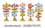 Beach signposts, direction road signs with cute creative arrows and lettering isolated cartoon set