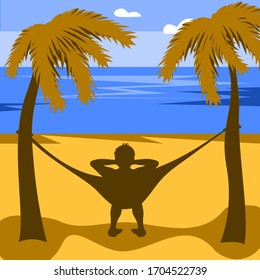 Playa, silueta de un hombre en una hamaca entre dos palmeras. Ilustración en el estilo simplificado.Imagen vectorial.