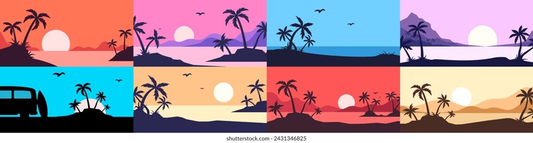 Beach silhouette. Tropical landscape. Beach background. Sunset.