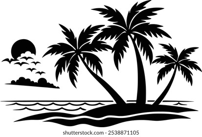 Elementos tropicais preto e branco do vetor da silhueta da praia