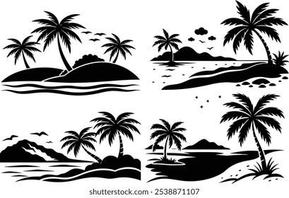 Beach Silhouette Vector Set Black and White Tropical Elements