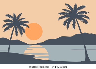 Beach silhouettes at sunset. Sunset on a paradise island with palm trees and reflections. Vector illustration for poster, card, banner or print design.