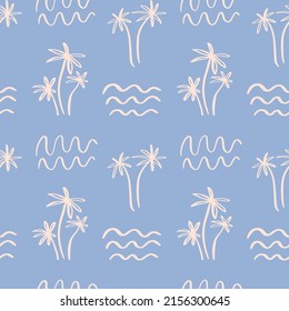 Beach simple boho seamless pattern. Palm tree, ocean waves vector repeat texture. Hand drawn Doodles tropical summer background. Modern textile, print, wallpapers, wrapping paper.