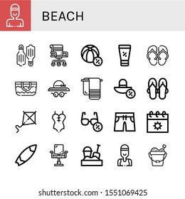 beach simple icons set. Contains such icons as Swimmer, Flippers, Chair, Beach ball, Sunscreen, Sandal, Beach bag, Pamela hat, Towel, Sun hat, can be used for web, mobile and logo