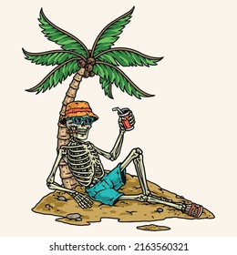 Beach skeleton colorful element on sand under palm tree smokes cigar and with cold drink during tropical vacation vector illustration