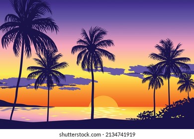 Beach sketch background with palm tree landscape