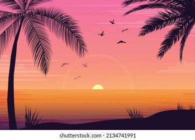 Beach sketch background with palm tree landscape