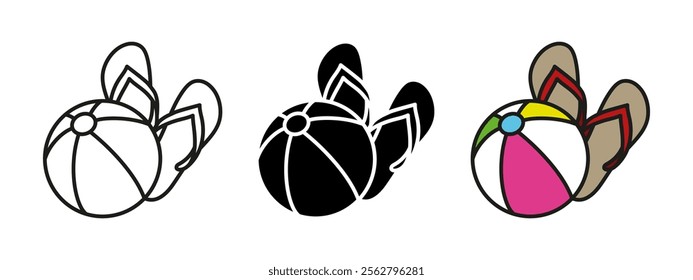 Beach slippers and ball icon. Summer holiday symbol. Beach volleyball vector illustration. Seaside resort sign. Pair of sandals or flip-flops pictogram. Beach leisure games concept. Coast amusement.