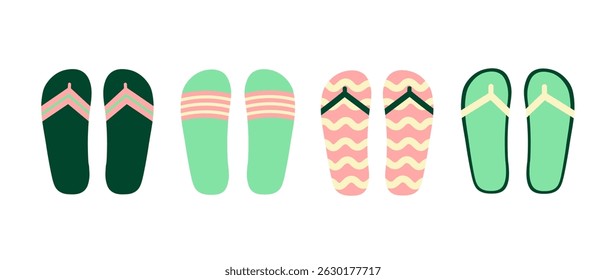 Beach slippers color doodle on isolated background. Hand drawn vector illustration summer accessory, seasonal footwear for sea, hot weather. Design elements for card, sign, logo, print, card. Top view