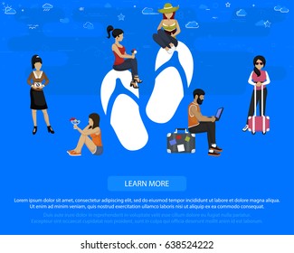 Beach slippers flat vector concept. Illustration of young people tourist near beach slippers large icon.