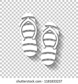Beach slippers. Flip flops icon. White icon with shadow on transparent background