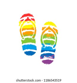 Beach slippers. Flip flops icon. Drawing sign with LGBT style, seven colors of rainbow (red, orange, yellow, green, blue, indigo, violet