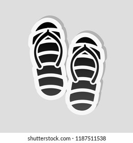 Beach slippers. Flip flops icon. Sticker style with white border and simple shadow on gray background