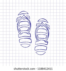 Beach slippers. Flip flops icon. Hand drawn picture on paper sheet. Blue ink, outline sketch style. Doodle on checkered background